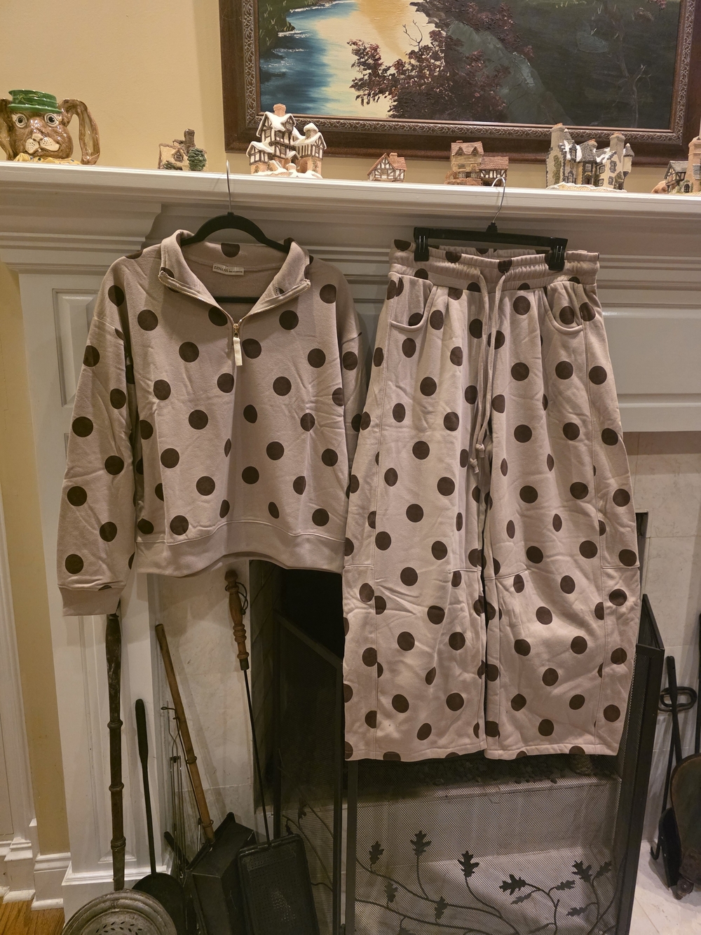 Zenana Outfitters Beige Top and Wide-Leg Barrel Pants with Brown Polka Dots